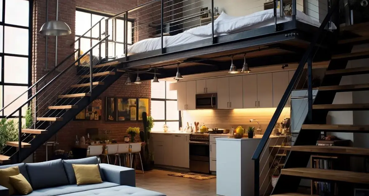 Luminoso loft con soppalco altezza 3 metri, letto, cucina moderna, divano blu e scale in metallo.