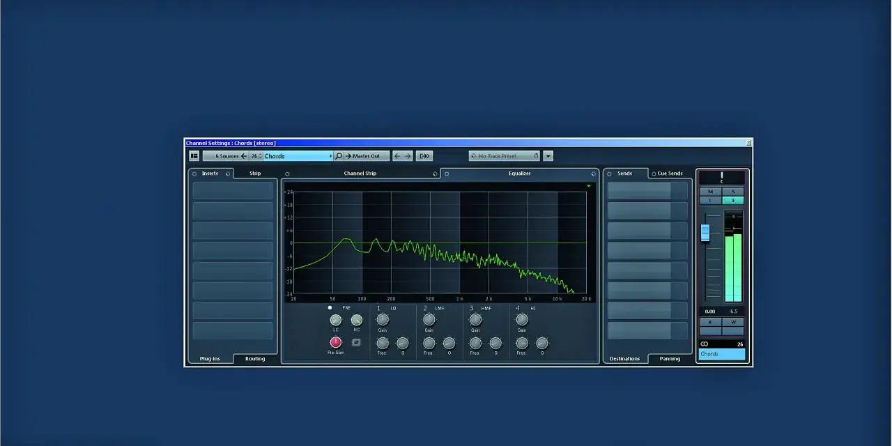 Ekran programu Cubase z panelem ustawień kanału "Chords". Widoczny jest korektor graficzny i suwaki głośności, co sugeruje proces **mixing music**.
