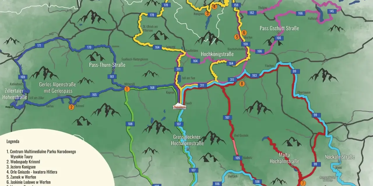 Trasa widokowa przez Alpy, z zaznaczonymi drogami i atrakcjami. Pogoda w górach bywa zmienna, warto sprawdzić prognozę.