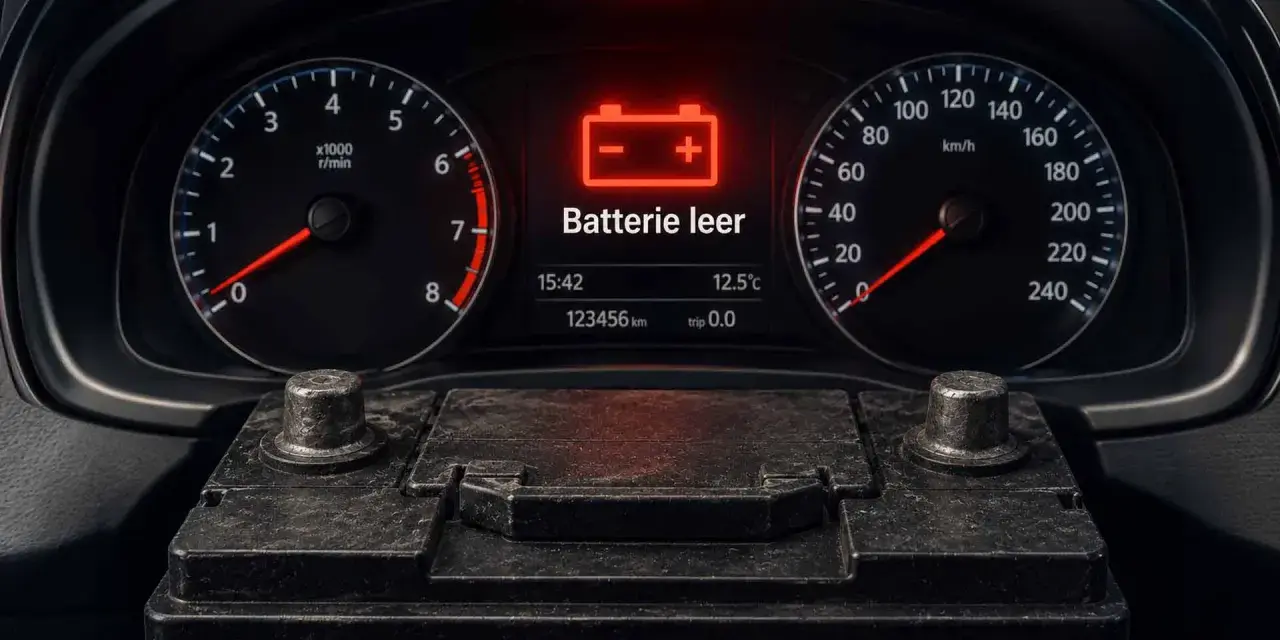 Armaturenbrett mit rotem Batteriesymbol und der Meldung "Batterie leer". Die Tachometeranzeige zeigt 0 km/h.