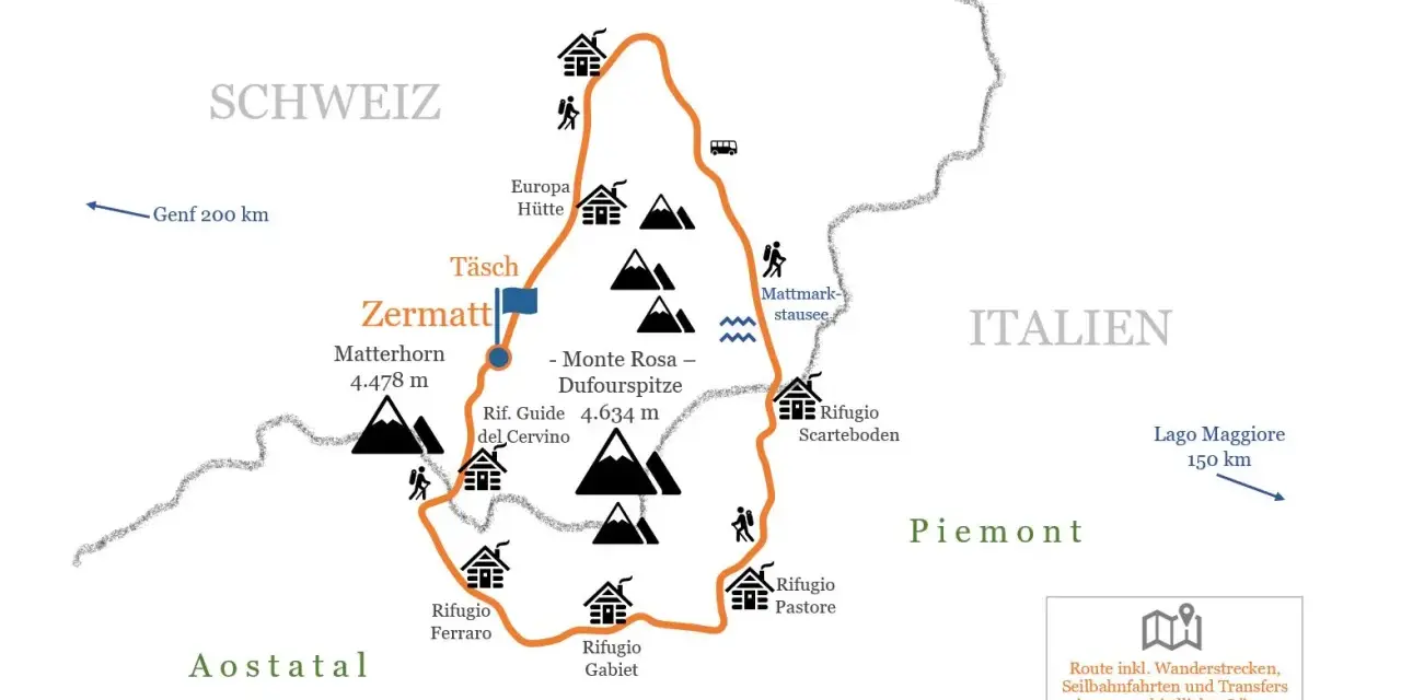 Karte der Tour Monte Rosa: Zermatt, Matterhorn, Monte Rosa, Rifugi in Italien und Schweiz. Wanderroute mit Hütten und Gipfeln.