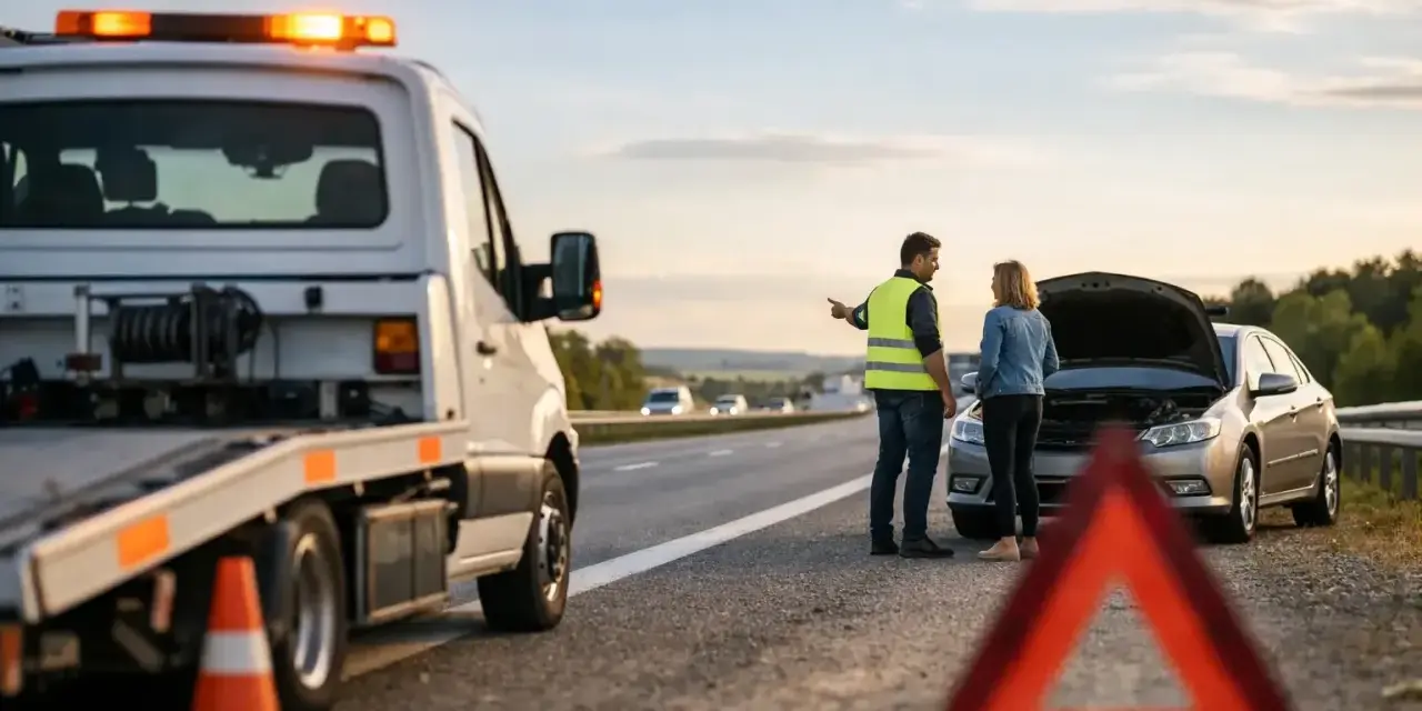 Awaria samochodu za granicą? Krótkoterminowe assistance pomoże Ci wrócić na drogę. Na poboczu stoi laweta, a kierowca rozmawia z kobietą przy otwartej masce auta.