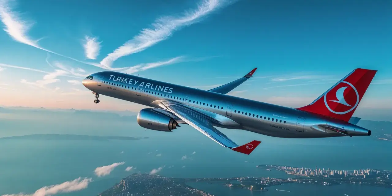 Samolot Turkish Airlines leci nad miastem i morzem przy zachodzącym słońcu.