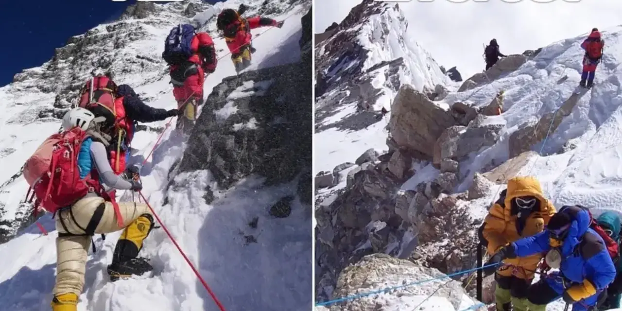 Bergsteiger am K2, wo die K2 Todesrate hoch ist, und am Everest. Extreme Bedingungen, steile Hänge, Seilsicherungen.