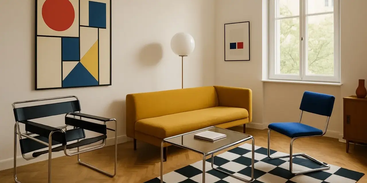 Minimalistyczny salon w stylu bauhaus: żółta kanapa, czarno-biała szachownica na dywanie, krzesła z chromowanej stali i abstrakcyjny obraz.