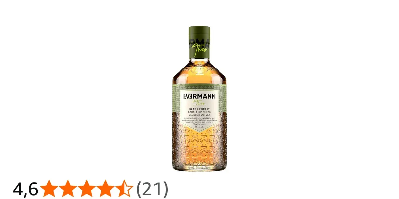 Flasche Evermann Whisky "Theo" Black Forest, 40% Vol. mit 4,6 von 5 Sternen bewertet.