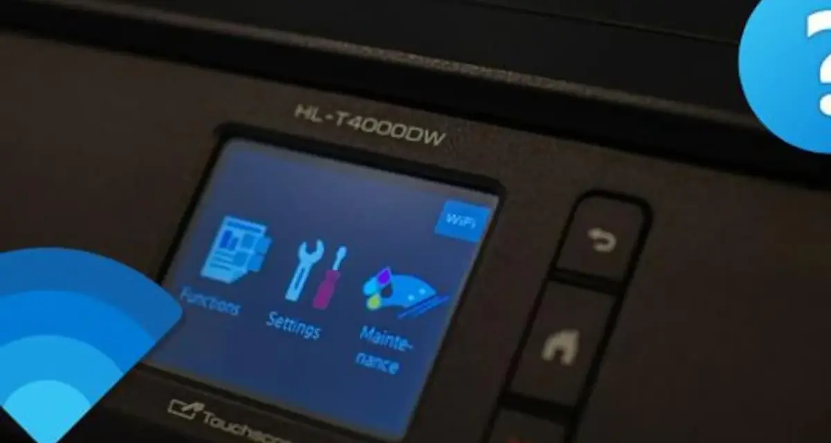 Drucker mit WLAN verbinden: Das Display zeigt Optionen wie Funktionen, Einstellungen und Wartung. Ein Fragezeichen deutet auf eine Herausforderung hin.