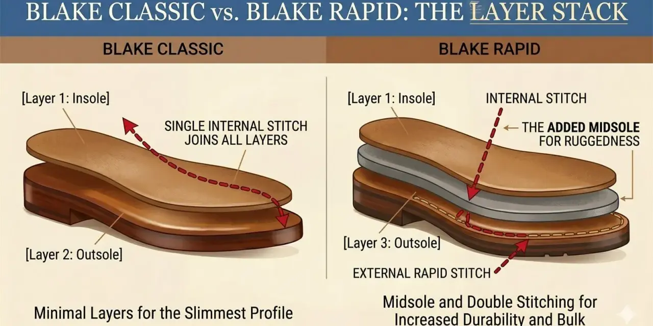 Confronto tra cucitura Blake Classic (singola interna, profilo sottile) e Blake Rapid (con intersuola aggiunta e doppia cucitura esterna per maggiore robustezza).