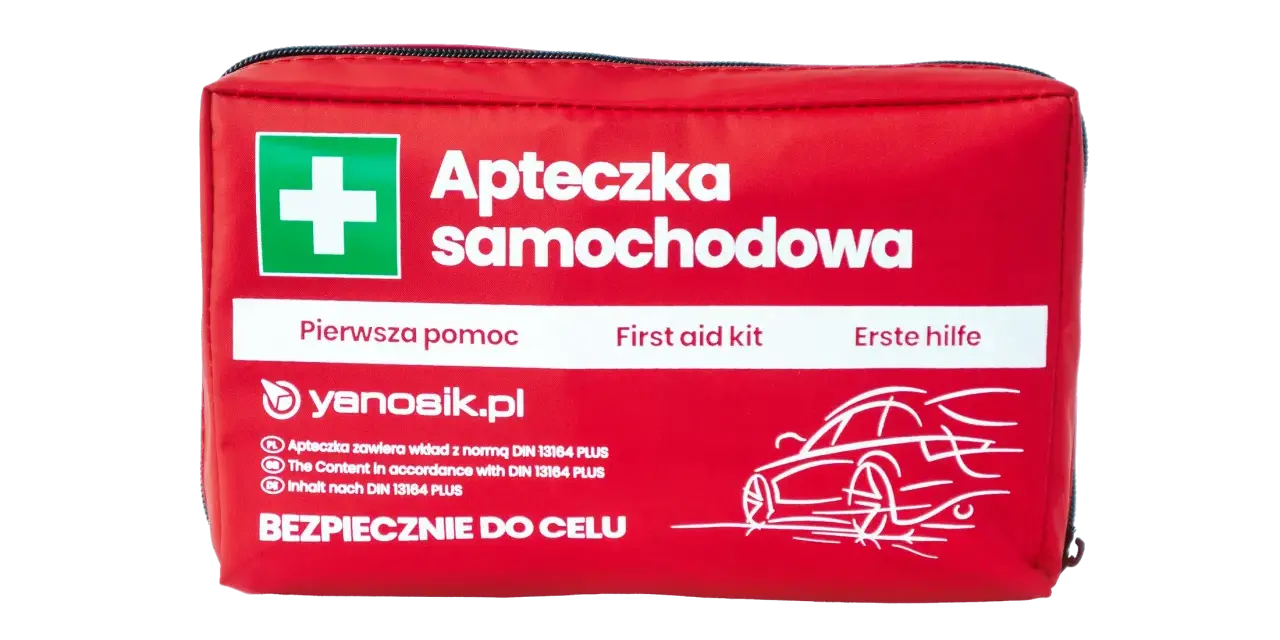 Czerwona apteczka samochodowa z białym krzyżem i napisem "Apteczka samochodowa".