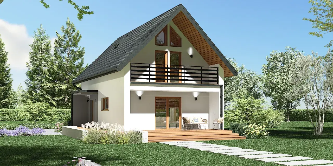 Nowoczesny dom z tarasem i balkonem, otoczony zielenią. Idealne gotowe domy pod klucz do 300 tys. dla rodziny.