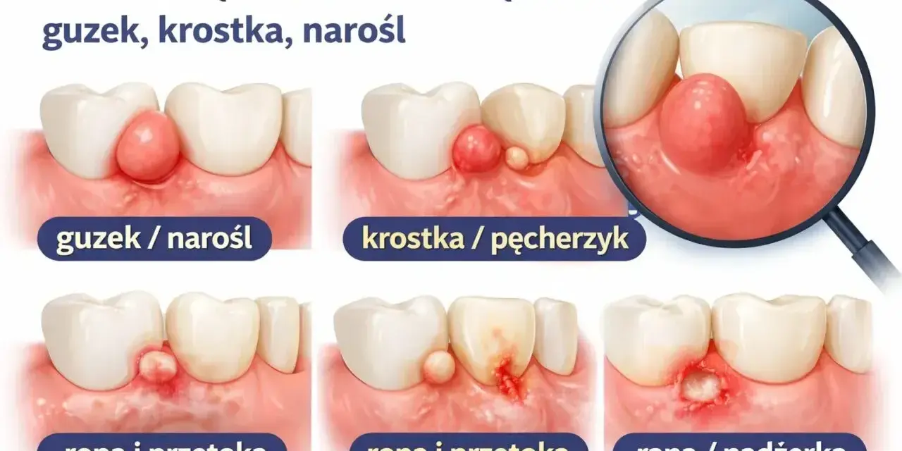 Ilustracja pokazuje różne zmiany na dziąśle: guzek, krostkę, ropień i ranę, które mogą powodować ból w jamie ustnej.