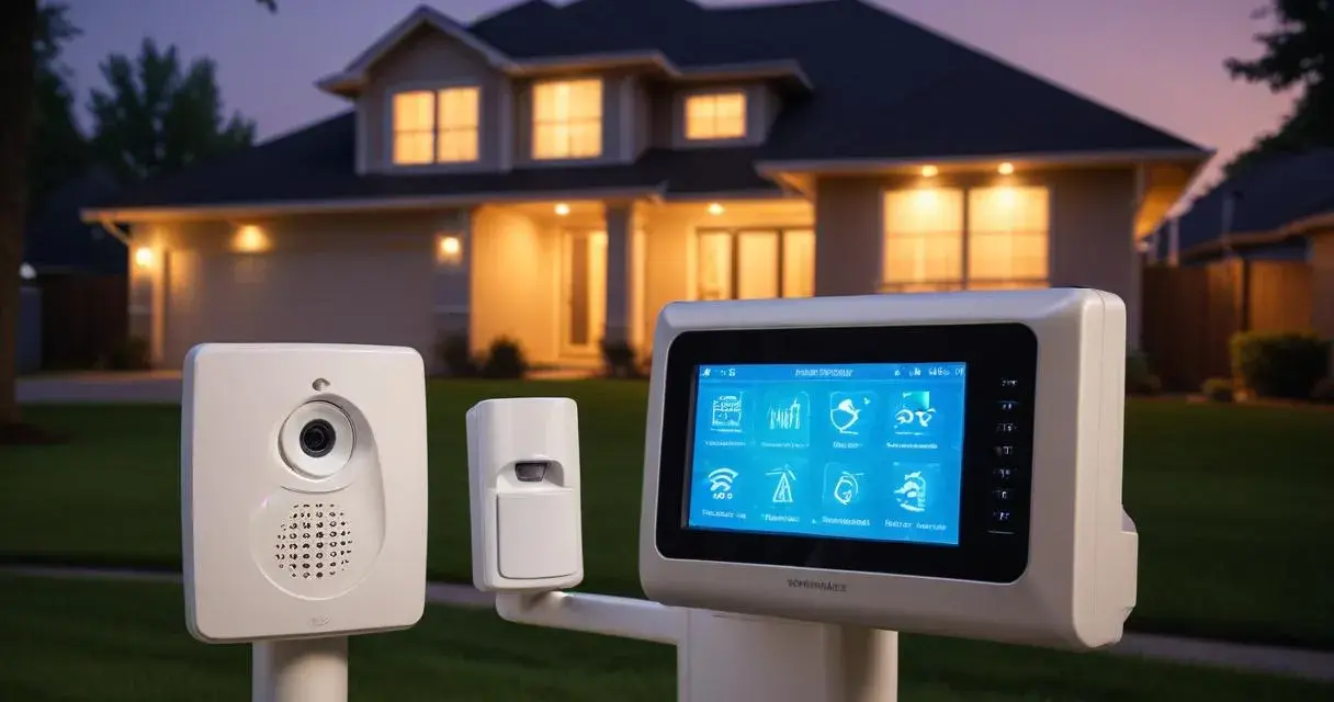 Ett modernt hemlarm med kamera och rörelsesensor framför ett upplyst hus. Kontrollpanelen visar olika ikoner för säkerhetsfunktioner.