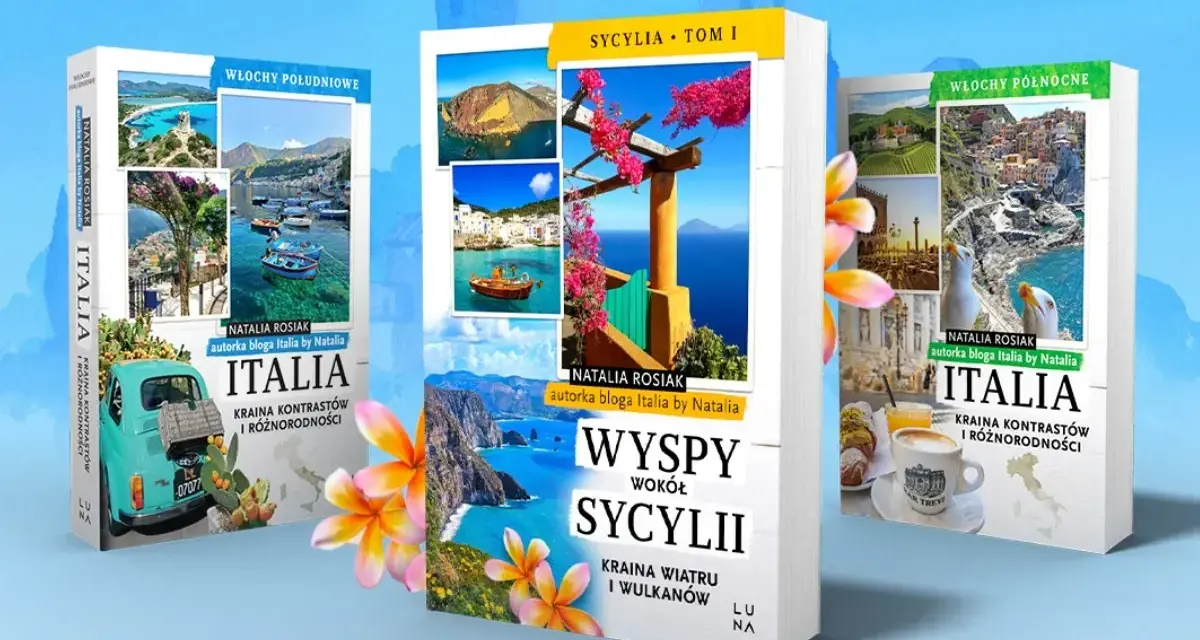 Okładki książek o Sycylii i Włoszech, z widokami i tekstem.