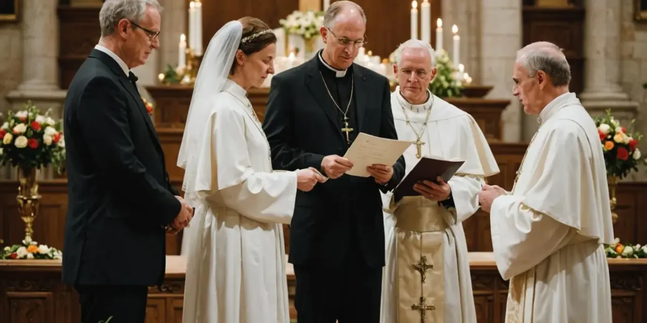 Ślub kościelny: para młoda, ksiądz i ministranci w kościele.