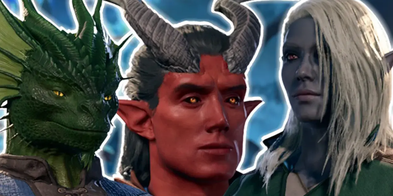 Un dragón verde, un tiefling con cuernos y una elfa oscura, mostrando las diversas razas de Baldur's Gate 3.