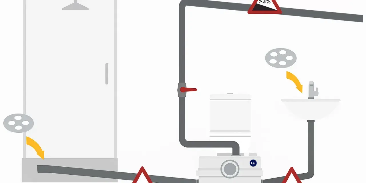 Schemat instalacji z rozdrabniaczem do WC. Pokazuje podłączenie prysznica, toalety i umywalki do urządzenia, z uwzględnieniem spadków rur.