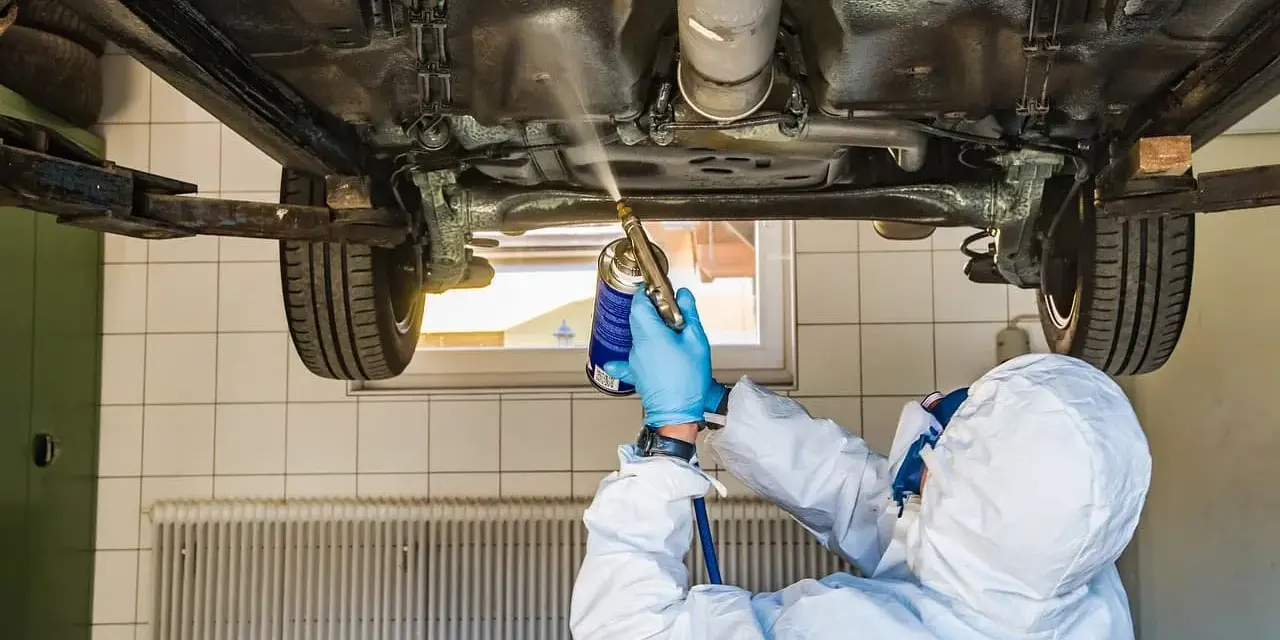 Mechanik w kombinezonie zabezpieczającym podwozie samochodu. Zastanawiasz się, ile kosztuje przegląd samochodu z gazem?