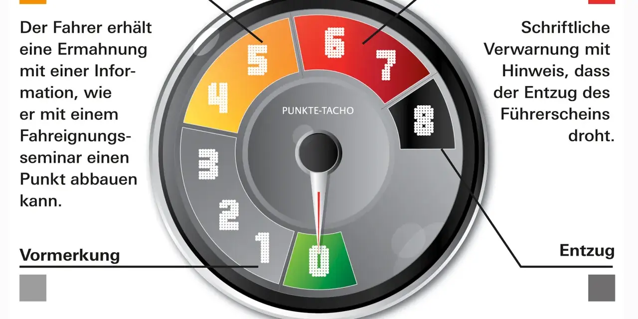 Punkte-Tacho zeigt, wie viele Punkte darf man haben. 0-3 Punkte: keine Maßnahmen. 4-5: Ermahnung. 6-7: Verwarnung. 8: Entzug.