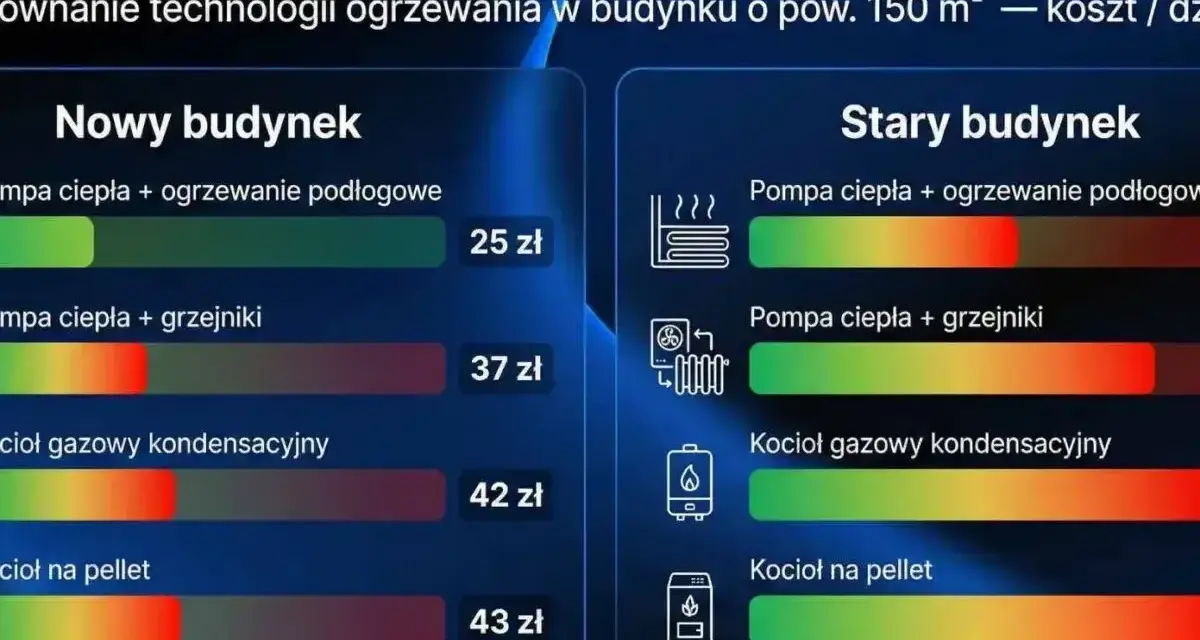 Porównanie dziennych kosztów ogrzewania w nowym i starym budynku. Wykres pokazuje, że pompa ciepła z ogrzewaniem podłogowym jest najtańsza.