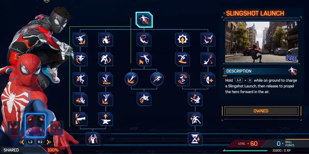 Spider-Man en el menú de habilidades, mostrando el árbol de habilidades y la descripción de "Slingshot Launch". Una guía para mejorar tus poderes.