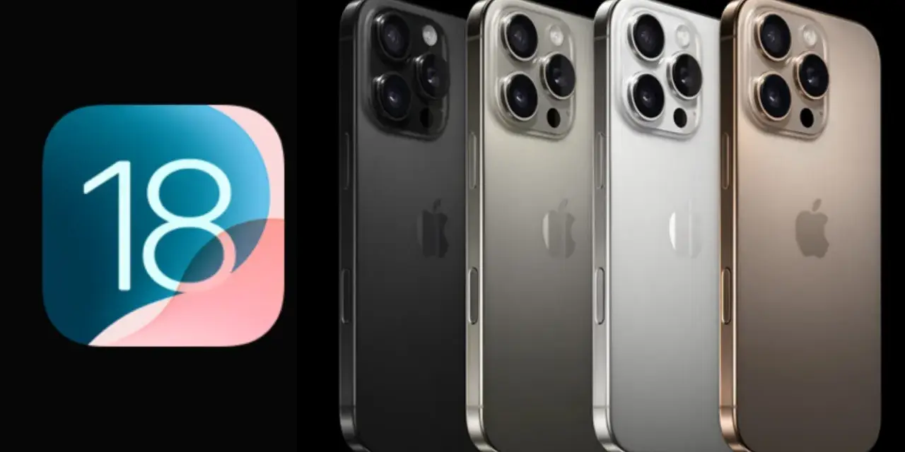 Ikona z cyfrą 18 i cztery iPhone'y w różnych kolorach: czarny, srebrny, biały i złoty. Nadchodzi iOS 18.
