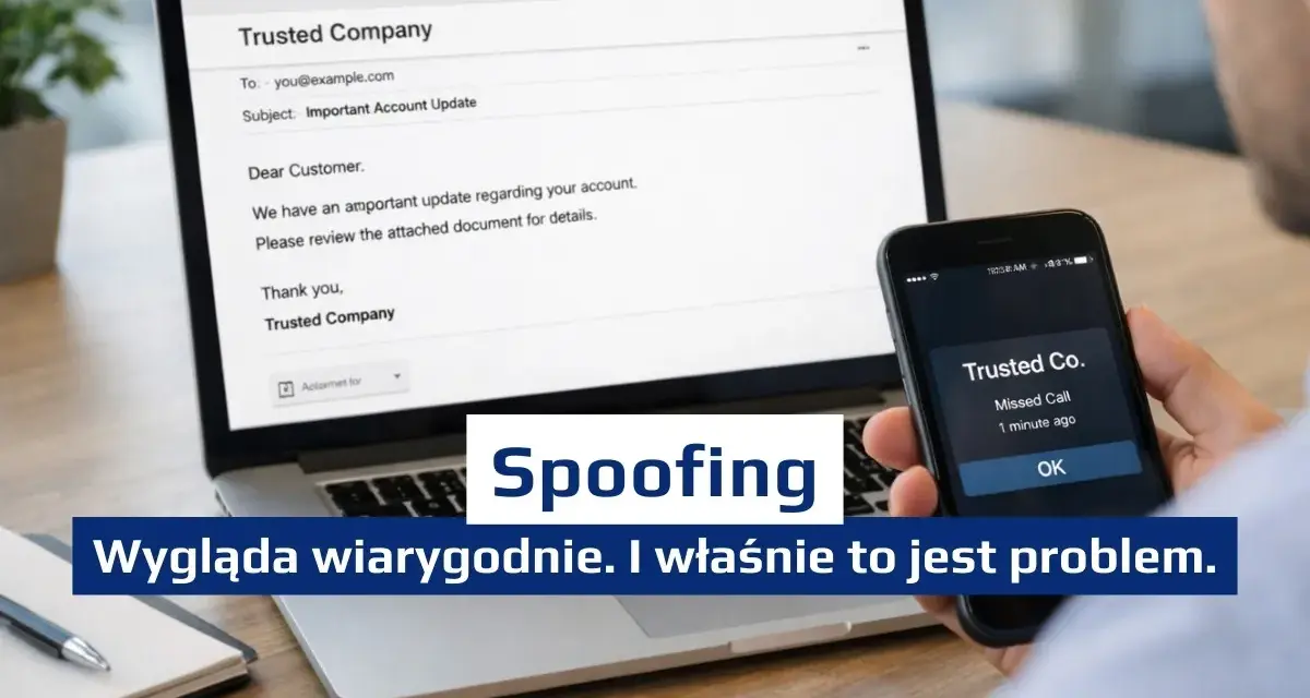 Oszustwo spoofingowe: fałszywy e-mail i połączenie od "Trusted Company" wyglądają wiarygodnie, co jest problemem.
