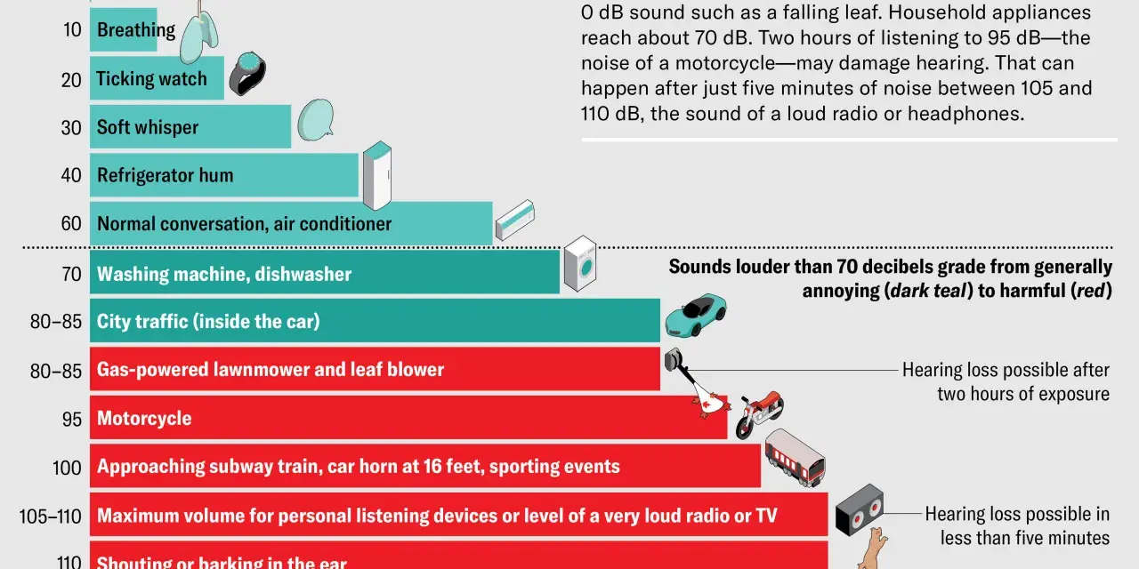 Graphique comparant les niveaux sonores quotidiens, de la respiration (10 dB) à un murmure doux (30 dB), jusqu'aux sirènes et pétards.