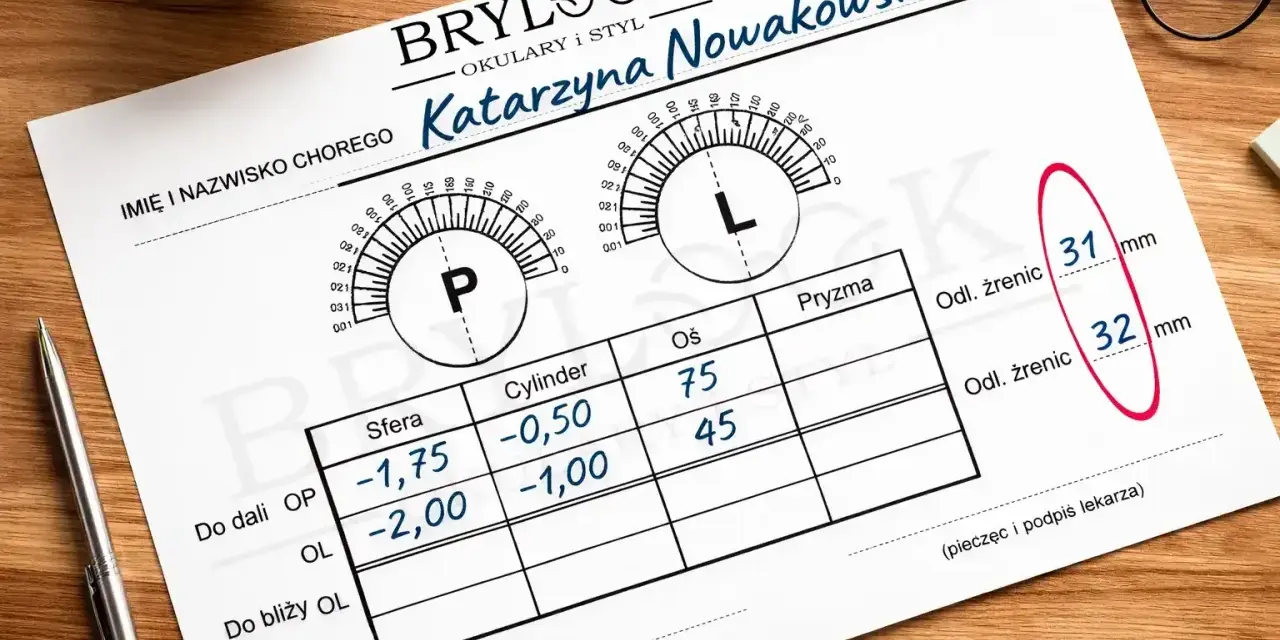 Recepta na okulary Katarzyny Nowakowskiej z danymi do oprawki i korekcji sferycznej, cylindrycznej i osi.