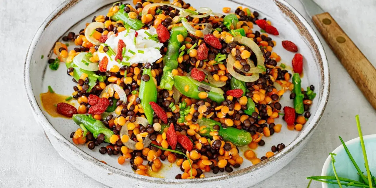 Bunter Linsensalat mit Spargel, Goji-Beeren und einem Klecks Joghurt. Ein köstliches Gericht, das zeigt, wie vielfältig Linsen Rezepte sein können.