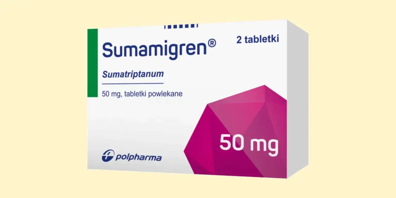 Opakowanie leku Sumamigren 50 mg, zawierające 2 tabletki powlekane.