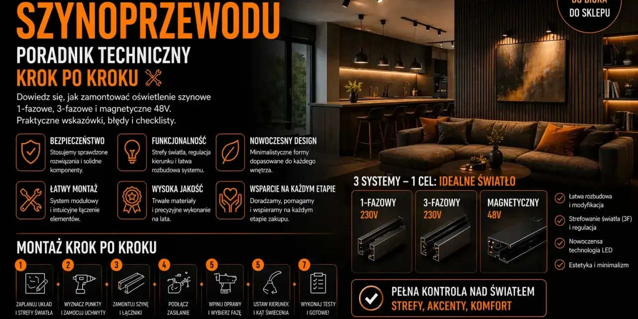 Poradnik techniczny: montaż oświetlenia szynowego 1-fazowego, 3-fazowego i magnetycznego 48V. Praktyczne wskazówki, błędy i checklisty.