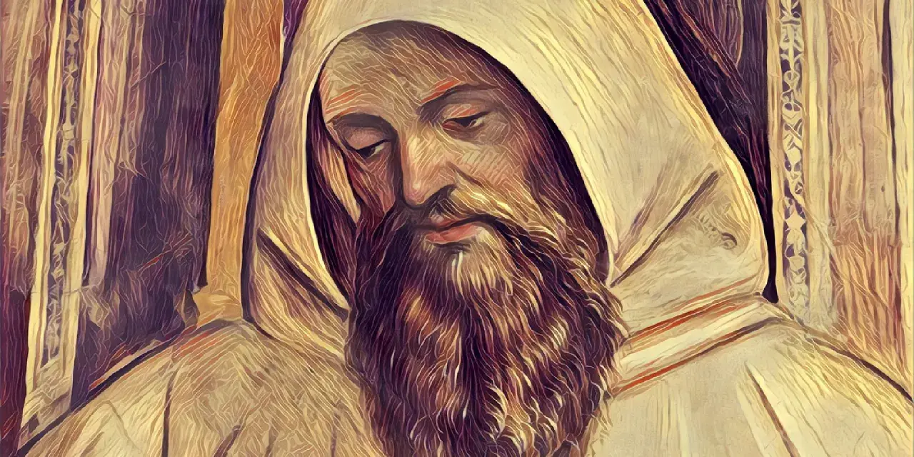 A monk with a long beard, wearing a hooded robe, gazes downwards. This image might accompany 10 facts about St. Benedict.