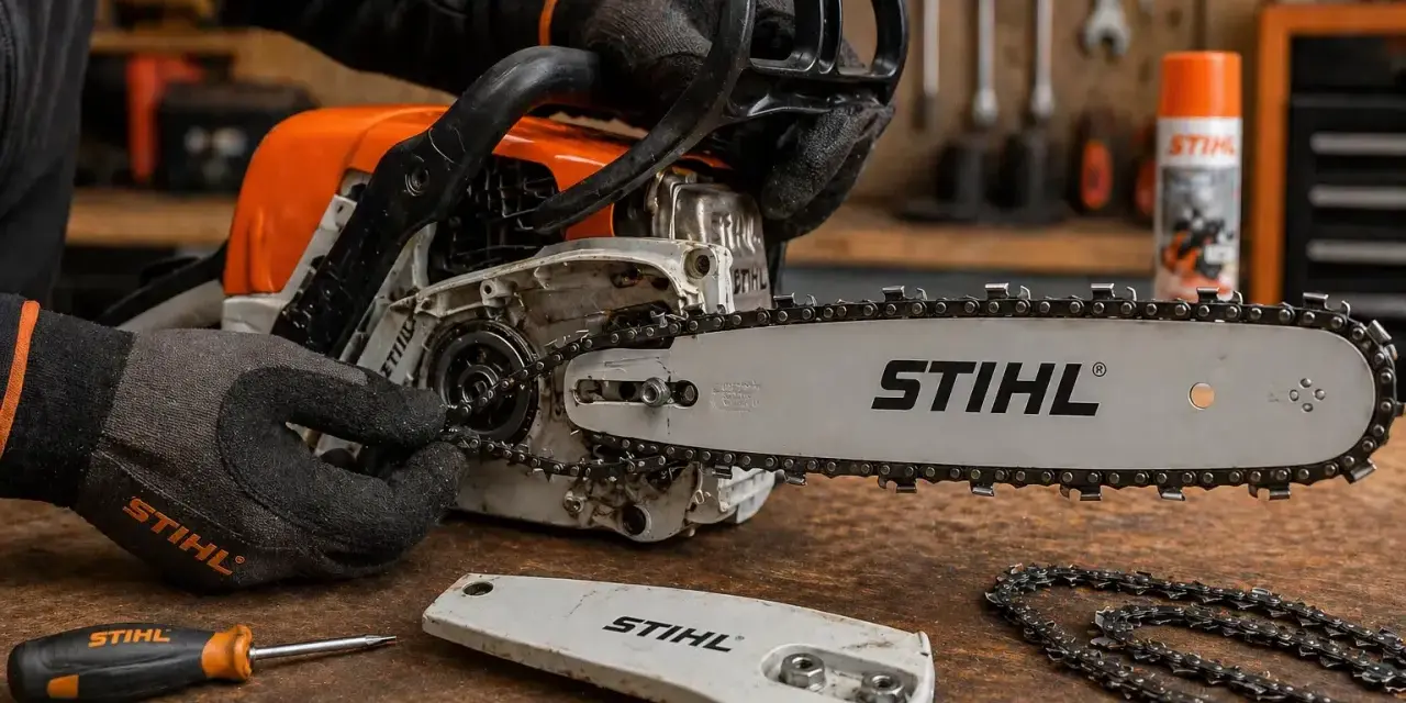 Ręce w rękawiczkach Stihl regulują naciąg łańcucha piły elektrycznej. Obok leży śrubokręt i osłona prowadnicy.