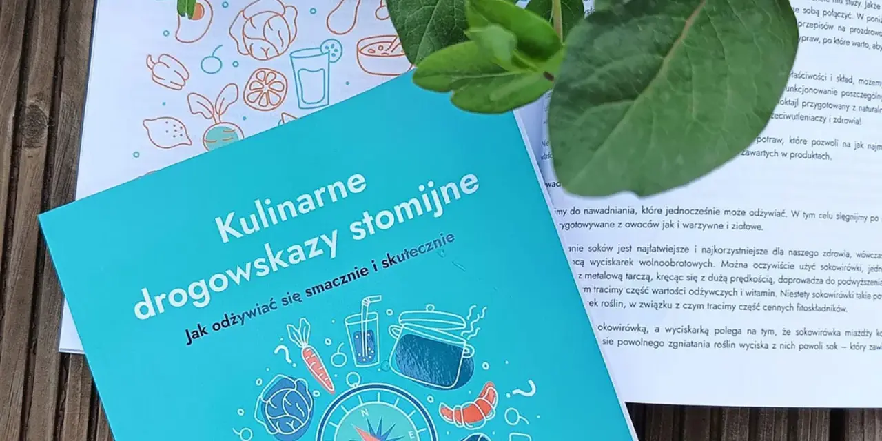 Okładka książki "Kulinarne drogowskazy stomijne" z ilustracjami warzyw, owoców i naczyń.