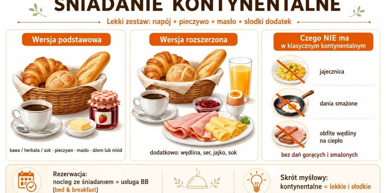 Klasyczny śniadanie kontynentalne: pieczywo, masło, dżem, kawa. Wersja rozszerzona zawiera też wędlinę, ser i jajko. Bez dań gorących.