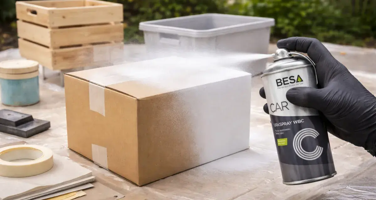 Peinture acrylique sur carton : une main gantée pulvérise de la peinture blanche sur une boîte en carton.