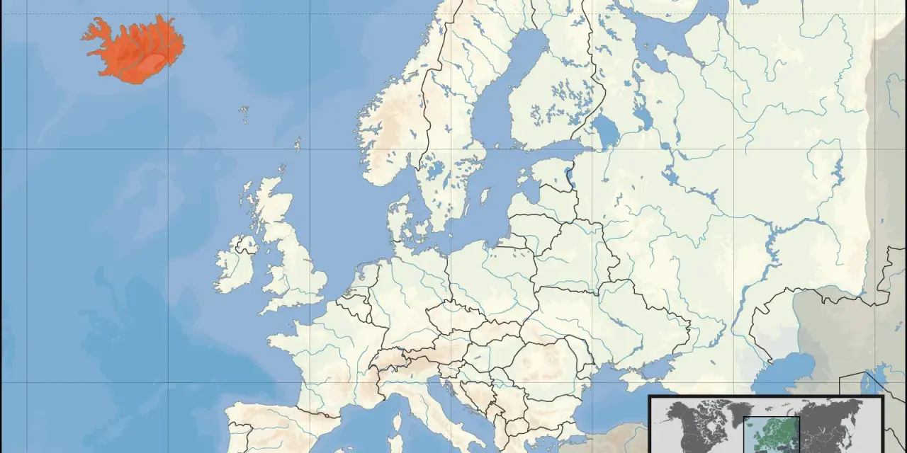 Mapa Europy z zaznaczoną na czerwono Islandią.