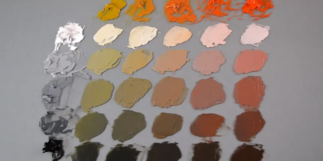 Paleta Zorn con tonos tierra, ocres, naranjas y grises, dispuesta en filas sobre fondo gris.