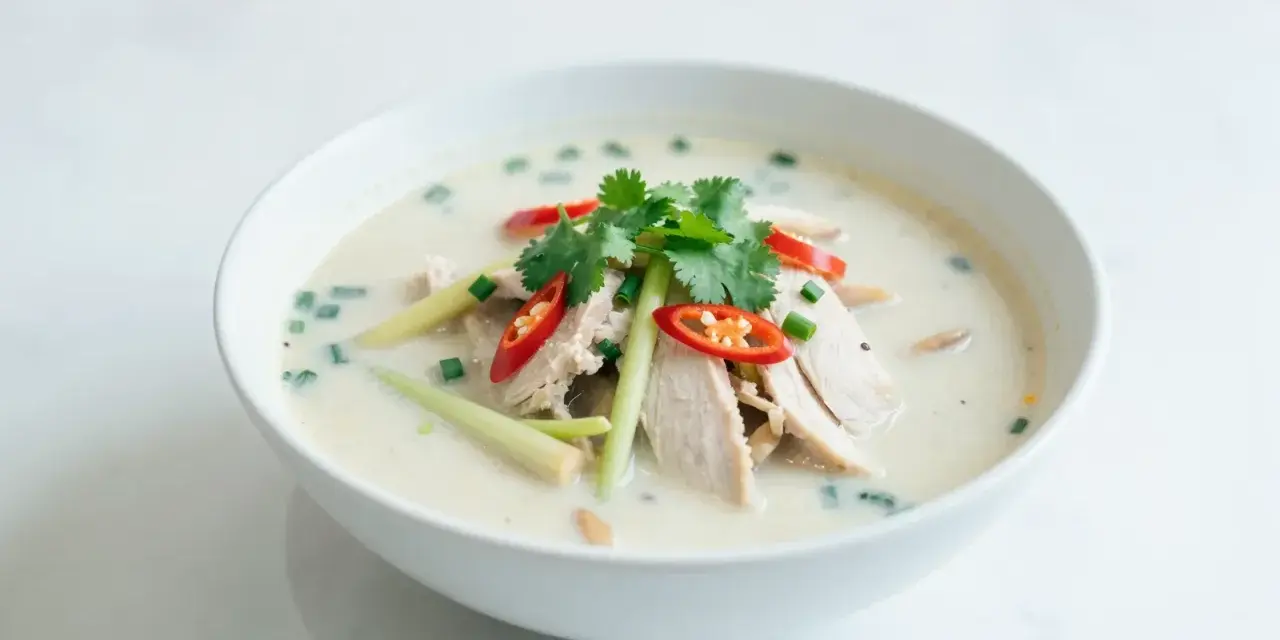 Aromaticzna zupa tom kha z kurczakiem, ozdobiona kolendrą, chili i trawą cytrynową.