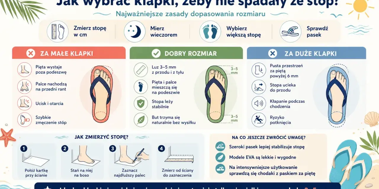 Jak dobrać rozmiar sandałów? Idealne klapki mają 3-5 mm luzu z przodu i z tyłu, nie uciskają i nie spadają.