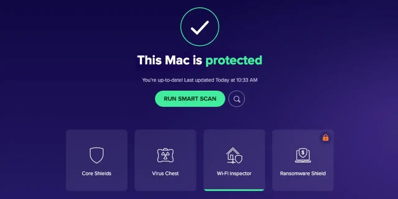 Interfejs Avast Security informuje, że Mac jest chroniony. Kliknij "RUN SMART SCAN", aby dowiedzieć się, jak przeskanować komputer i rozwiązać problemy z bezpieczeństwem.