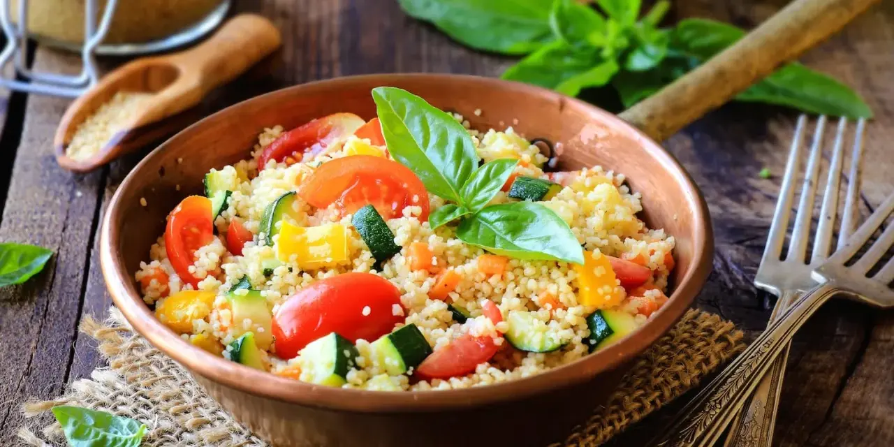 Un piatto colorato con couscous, pomodori, zucchine e peperoni, perfetto per una ricetta cous cous originale e fresca.