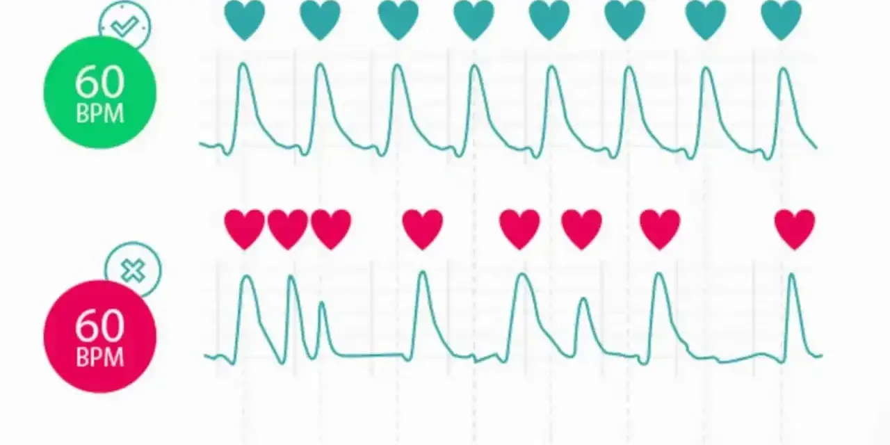 Dwa wykresy EKG pokazują rytm serca. Górny wykres z zielonym sercem i 60 BPM jest prawidłowy. Dolny z czerwonym sercem i 60 BPM ma nieregularny rytm.