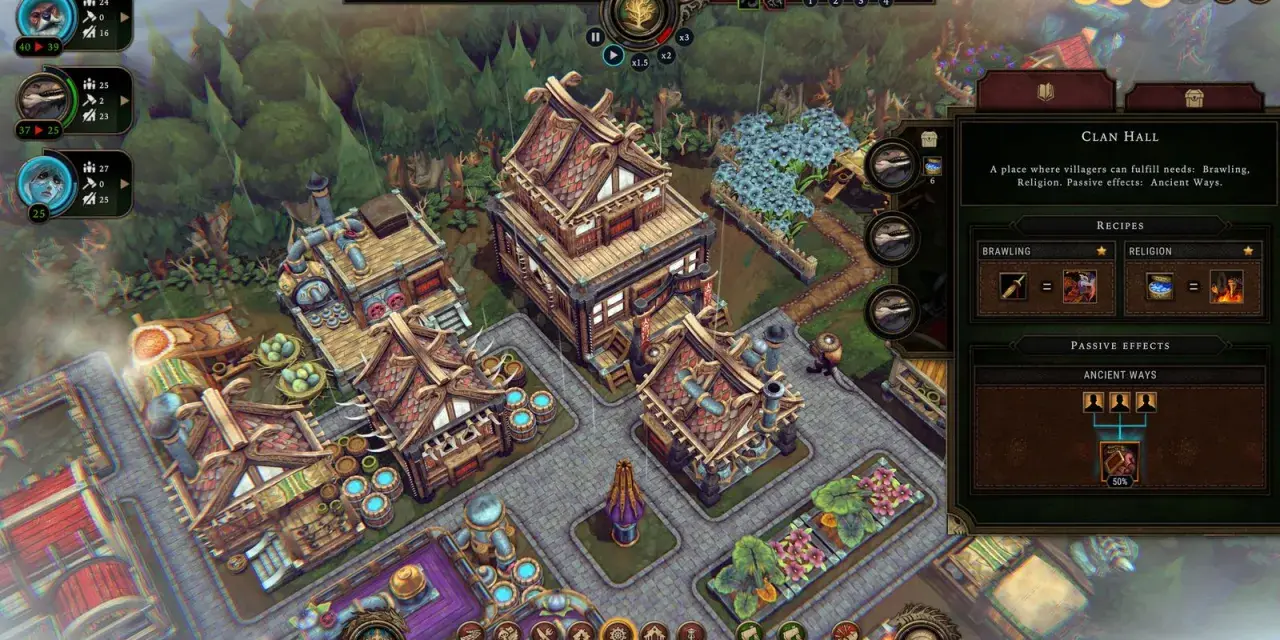 Vista isométrica de un asentamiento en un juego de **juegos de gestión pc**. Se aprecian edificios de madera, un huerto y un menú de información del "Clan Hall".