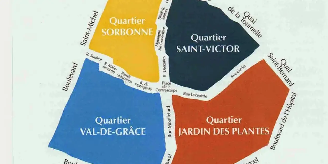 Carte des quartiers du Quartier Latin à Paris : Sorbonne, Saint-Victor, Val-de-Grâce, Jardin des Plantes.