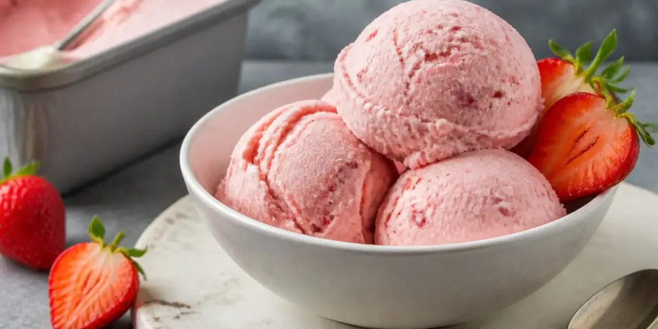 Schüssel mit cremigem Erdbeer-Eis mit Kondensmilch, garniert mit frischen Erdbeeren. Daneben ein Behälter mit Eis.