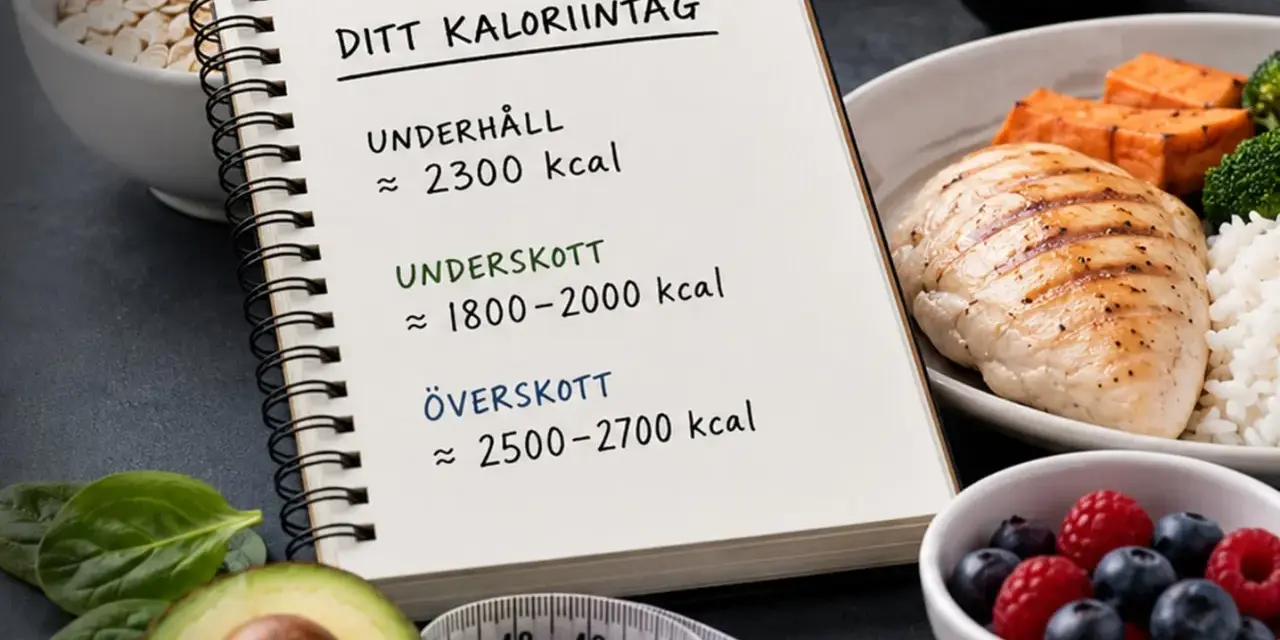 En anteckningsbok visar hur många kalorier per dag kvinna behöver för underhåll, underskott och överskott. Bredvid finns mat som kyckling, ris, grönsaker, bär och avokado.
