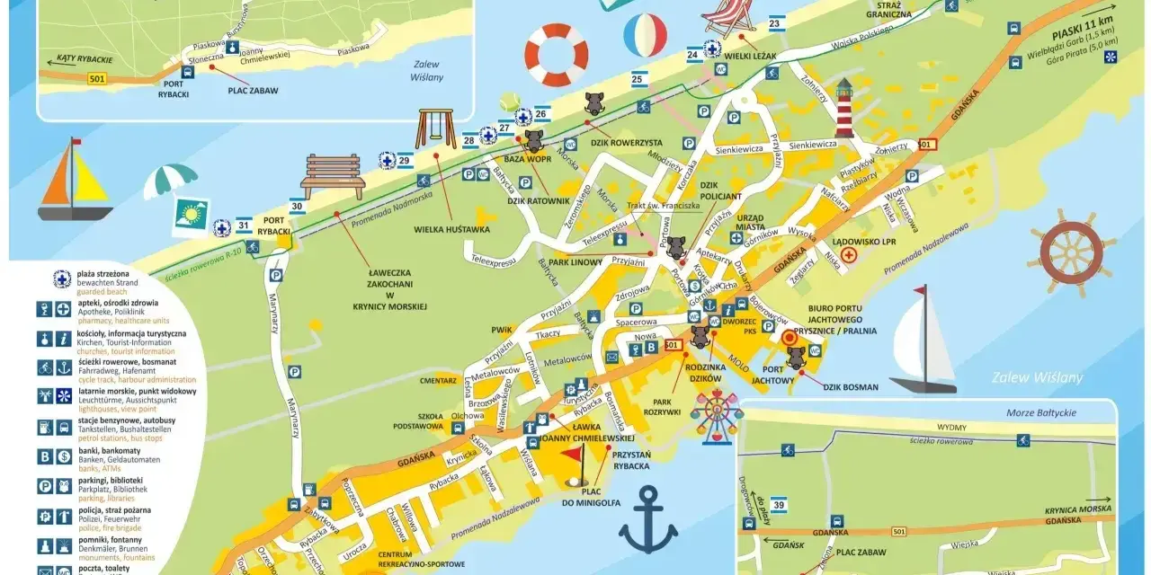 Mapa Krynicy Morskiej i Mierzei Wiślanej z zaznaczonymi atrakcjami, portami i ścieżkami.