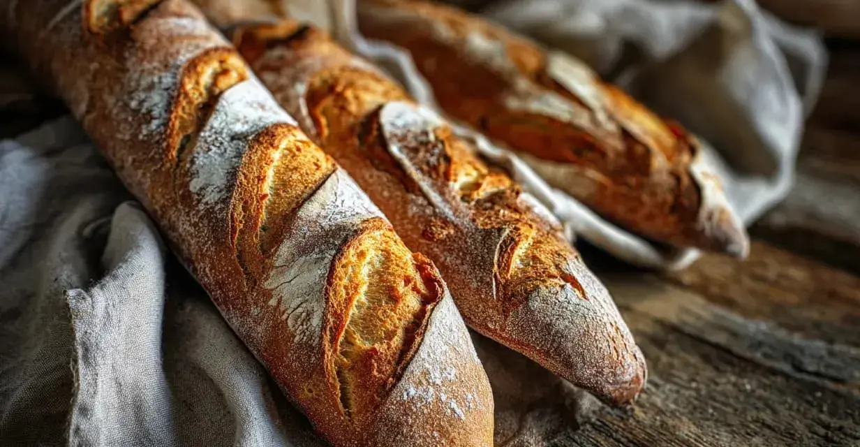 Tre gyllene baguetter på en linneduk, redo för ett gott baguette recept.