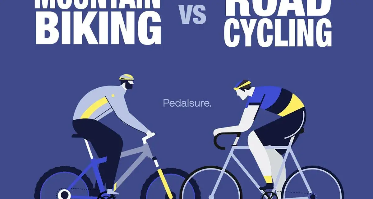 Illustration comparing mountain biking vs road cycling. A cyclist on a rugged bike faces a cyclist on a sleek road bike.
